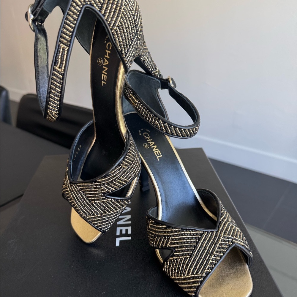 Chanel Black and Gold Women's Heels Size 37.5